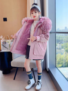 Trendy Girls Parka Coat Thickened Cotton Jacket Winter Outerwear with Fleece Warm Hood Casual Style Zipper Closure Long Sleeve
