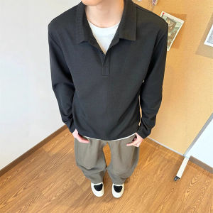 Autumn Casual Long Sleeve Polo Shirt Vintage Collar T-Shirt Loose Fit Versatile Top Layered Look Polyester Blend Mens Tee