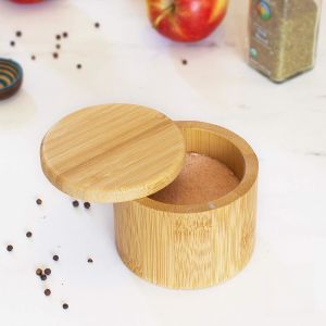 Bamboo Small Salt and Pepper Bowls Divided Salt Cellar With Swivel Lid and Spoon Seasoning Containers With Magnetic Lid to Kee