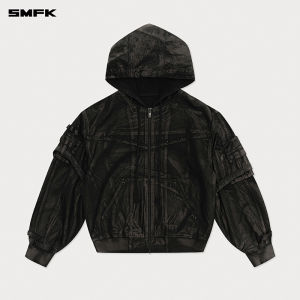 SMFK | Trendy Loose Utility Style Hooded Jacket Wax Coated Denim with Mustang Pattern