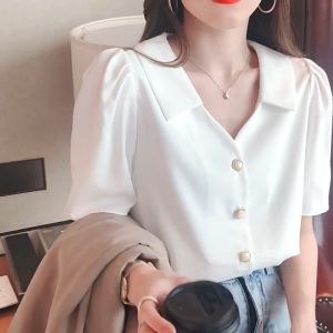 Womens top chiffon shirt womens puff sleeves crop top Korean short sleeves