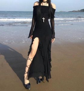 Pure Desire Slim Fit Long Sleeve One Shoulder Dress Split Korean Style Summer Commute Uneven Hem Soft Polyester Blend Long Dress