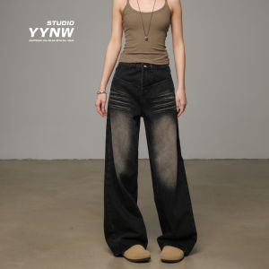 American Retro Wide Leg Denim Jeans Womens Loose Fit High Waist Cotton Spring Autumn Winter Long Pants Cat Washed