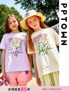 Girls Short Sleeve T-Shirt Tulip Print Casual Top Versatile Base Layer Shirt for Spring Summer Childrens Clothing Cotton Blend