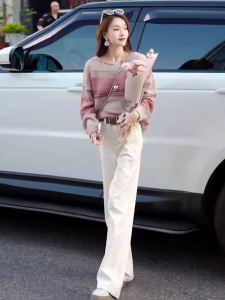 ชุดแฟชั่นฤดูใบไม้ร่วงสำหรับผู้หญิง ชุดถักลายทางขาตรง เสื้อผ้าทำงานสไตล์เกาหลี ชุดสองชิ้น เอวสูง แขนยาว กระโปรงทรงเอ