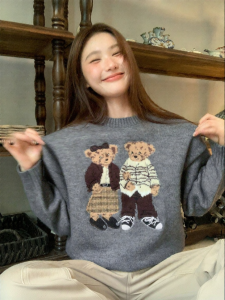 NIHAOKANONG | Áo Sweater Len Hình Gấu Hoạt Hình Retro