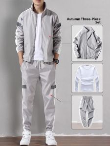 ROMON | Romon Mens Casual Sports Set Autumn Season Handsome Stand Collar Jacket Running Two Piece Set Long Sleeve Long Pants Youth Polyester