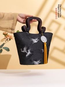 Retro Chinese Style Crane Motif Wooden Handle Tote Bag for Hanfu And Qipao Large Size Embroidered Floral Satin Handbag