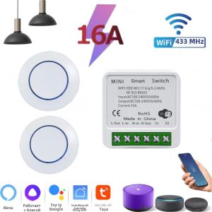 Tuya WiFi Công Tắc Thông Minh 16A 433 MHz Không Dây Mini Nút Tròn Điều Khiển Giọng Nói Tương Thích Với Alexa Google Home Cho Đèn LED