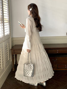 Elegant White Long Sleeve Womens Dress Spring Autumn Ginkgo Bifora Fairy Skirt Pleated Soft Gentle New Arrival French Style