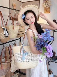 Summer 2025 Large Capacity Commuter Beach Vacation Butterfly Knot Silk Scarf Straw Woven Tote Bag Women Fashionable Handbag