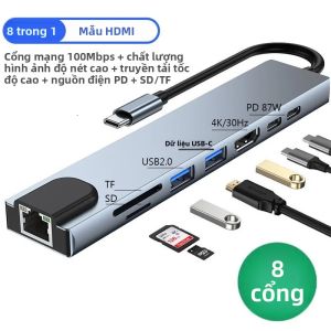 Bộ Chia USB C 8 Trong 1 Hub USB 3.0 Type C Với Đầu Ra HDMI 4K Ethernet RJ45 100M Khe Đọc Thẻ Nhớ SD/TF Hỗ Trợ Sạc PD Dock Station Cho Laptop