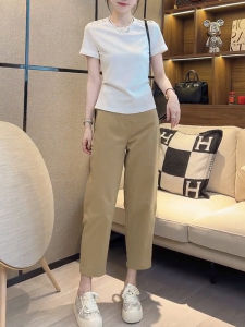 Khaki Color Versatile Casual Pants Women Summer New Style Small Size Nine Points High Waist Slim Thin Straight Leg Trousers