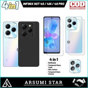 Softcase INFINIX HOT 40 / HOT 40i / HOT 40 PRO Paket 4in1 Softcase Slim Black Matte Case Liquit + Tg Anti Gores Ceramic Matte Anti Spy + Garskin Carbon 3D + Skin Camera Lens