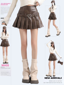 Retro PU Leather Mini Skirt Womens High Waist Pleated Half Body Hot Girl Style Fall New Arrival Coffee Color A-Line Skirt
