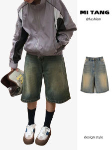 High Waist Vintage Faded Short Jeans Womens Casual Washed Yellow Denim Five-Quarter Length Slimming Pants Spring Autumn