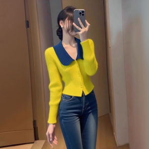 XUECAIQI | Color-block Turn-down Collar New Arrivals Pretty Sweater