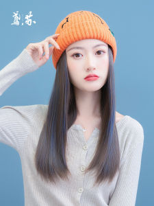 Womens Long Straight Hair Knitted Hat Fake Hair Full Cover Style Sweet Cute High Temperature Silk Hair Fake Hair Accessories
