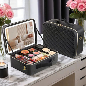 Large Size Travel Makeup Bag With MirrorZoned Beauty Manicure Makeup Case3 Light Color Modes LED-Lit Makeup Mirror