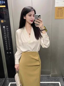 Office Commute Womens Long Sleeve V-Neck Chiffon Shirt Spring Autumn Korean Style Versatile Workwear Casual Business Shirt