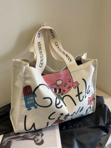 Cartoon Letter Canvas Bag Womens 2024 New Arrival Large Capacity Mummy Handbag Fashion Commuter Shoulder Tote Bag