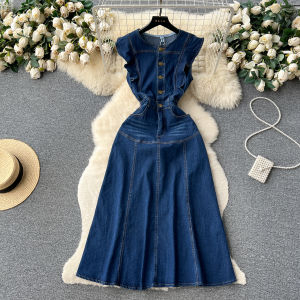 French Hepburn Style Denim Dress Womens Summer Waist Cinching Slimming Elegant Design Long Skirt A-Line Silhouette Short Sleeve
