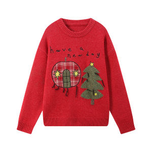 JNXS | Áo Sweater Cổ Tròn Hình Bông Hồng Thêu Phối Đốm Màu Táo Xanh Christmas Tree