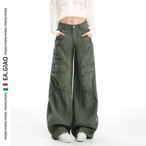 Retro American Green Work Pants Womens Autumn 2025 New Small Design Multi-Pocket Wide Leg Denim Jeans High Waist Zipper Closure
