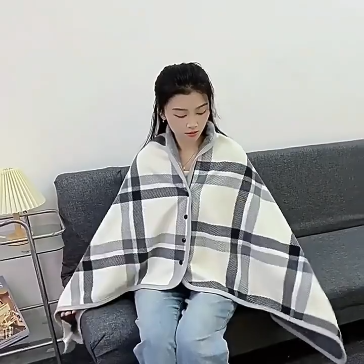 Wearable Plaid Wool Blanket With Buttons Double-Sided Flannel Plaid for Office