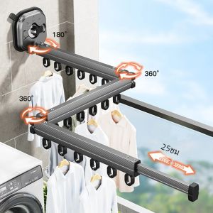 Sucker ติดผนังอลูมิเนียมพับได้ราวตากผ้าสําหรับระเบียงห้องนอนห้องนั่งเล่น Space Saver Travel Drying Rack
