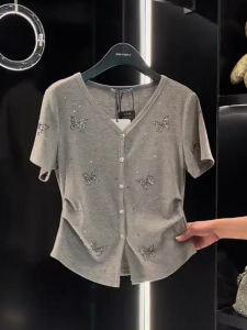 Gray Butterfly Rhinestone Short Sleeve V-Neck T-Shirt Womens Summer Fashionable Short Style High Waist Commute Korean Version
