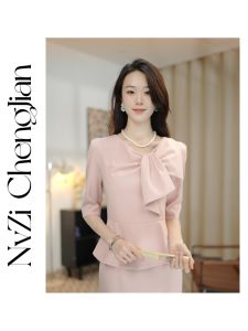 Pink Slim Fit Midi Dress with Ruffle Design mid Sleeve Womens Fashion High Waist Polyester Blend Summer Workwear Dress