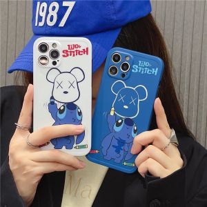 💯【Phone Case】+FREE Shipping 💯 Cute Cartoon Stitch KAWS Bear Silicone Case For iPhone 16 15 14 13 12 Pro Max 11 Anti Fall Shy Kawaii Soft Cover Cartoon