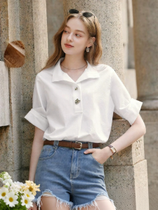 XIANGYING | French Style Commuter White Short Sleeve Shirt Summer New Arrival Cotton