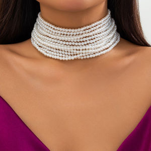 IngeSight.Z Elegant Multi layered White Imitation Ppearl Beaded Choker Necklace for Women Bridal Wedding Party Jewelry Gift
