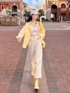 Yellow Sun Protection Cotton Shirt Womens Spring Summer Layering Design French Loose Top Small Size Korean Style Polo Collar