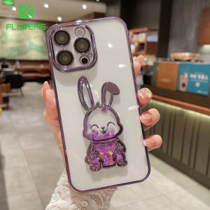 [With Lens Film] FLOVEME Luxury Plating 3D Cartoon Glitter Phone Case For iPhone 14 13 12 11 Pro Max 14 Plus Cute Rabbit Transparent Quicksand Shine Back Cover For iphone 14 13 12 11