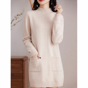 ชุดเดรสยาวถักผ้าขนสัตว์ 100% เอวสูง แขนยาว ทรงหลวม สำหรับผู้หญิงในฤดูใบไม้ร่วงและฤดูหนาว ชุดเดรสยาวคลุมเข่า