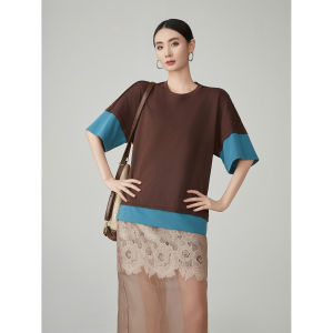 XIAODADEHUA | Color Block Design Faux Two Piece T-Shirt