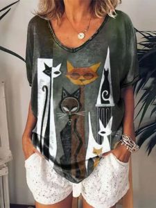 Loose Fitting Short Sleeve Sleeve Printed T-shirt Loose Short Sleeve Print T-shirt for Women