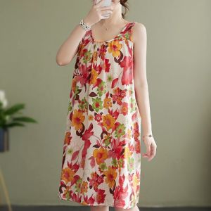 Large Size Cotton Linen A-Line Skirt for Women Summer Loose Sleeveless Printed Dress Casual Sweet Style Mid-Length