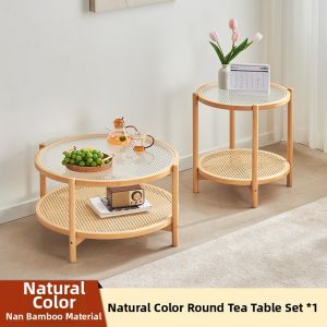 MANHAOSHI | Dual-layer Round Bamboo and Wooden Coffee Table