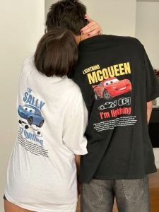 Lightning Mcqueen and Sally T Shirt for Couples Mcqueen Sally Oversized T-shirts Double-sided Print Tee for Men Women Clothing
