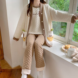 Womens Pajamas Spring and Autumn Long Sleeve Air Cotton Sandwich Thickened Three-Piece Suit Bear Sweet Cute Winter Loungewear