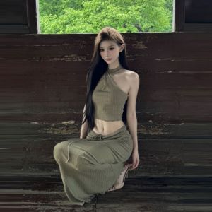 Elegant Two-Piece Set Neckline Halter Skirt Bodycon Summer Fashion Casual Cotton Blend Mid-Waist Printed round Neck Tank Top