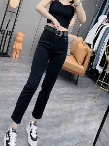 High Waist Slim Fit Straight Leg Jeans Womens Summer New Style Elastic Nine Point Loose Fit Pants Pure Color Cotton Stretch Denim