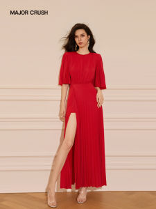 French Romantic Barbados Cherry Color Pleated Side Slit Dress