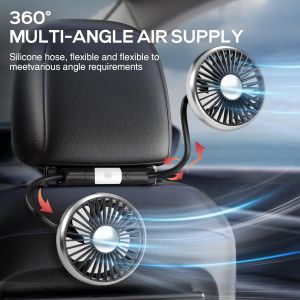 Car Fan for Backseat Dual Head Hose Car Seat Fan with Led Lights Portable USB Fan for Car 3 Speeds and 360 Degree Rotatable Cooling Car Fans for Vehicles RV SUV Truck