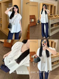 NINI ONE Korean Style Bubble Sleeve Short Sleeve Shirt Women Summer plus Size Slimming Meat Covering Pure Color Versatile T-shirt