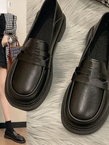 British Style Soft Leather Black Metal Single Shoes Womens Spring Autumn Fashion Loafers All-Match Low Heel round Toe Rubber Sole